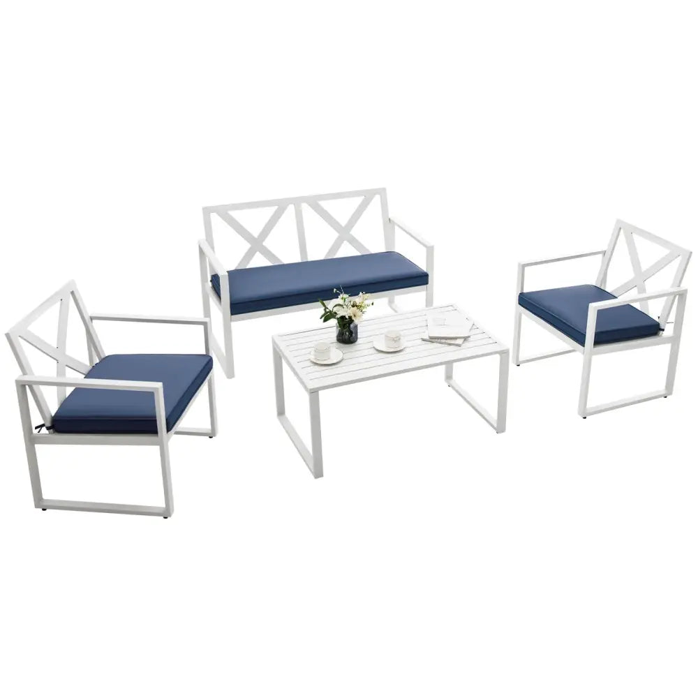 4 Pieces Outdoor Conversation Set with Sturdy Steel Frame - White - Patio Conversation Sets