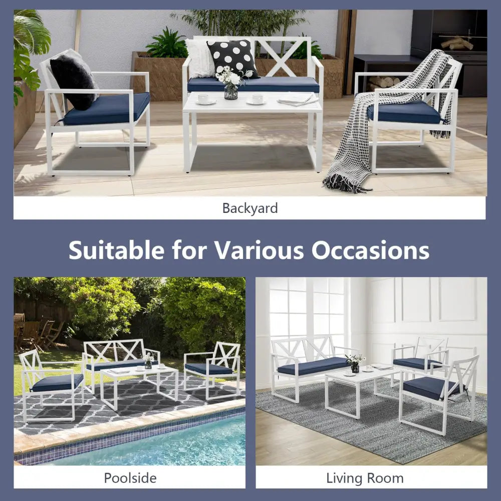 4 Pieces Outdoor Conversation Set with Sturdy Steel Frame - White - Patio Conversation Sets
