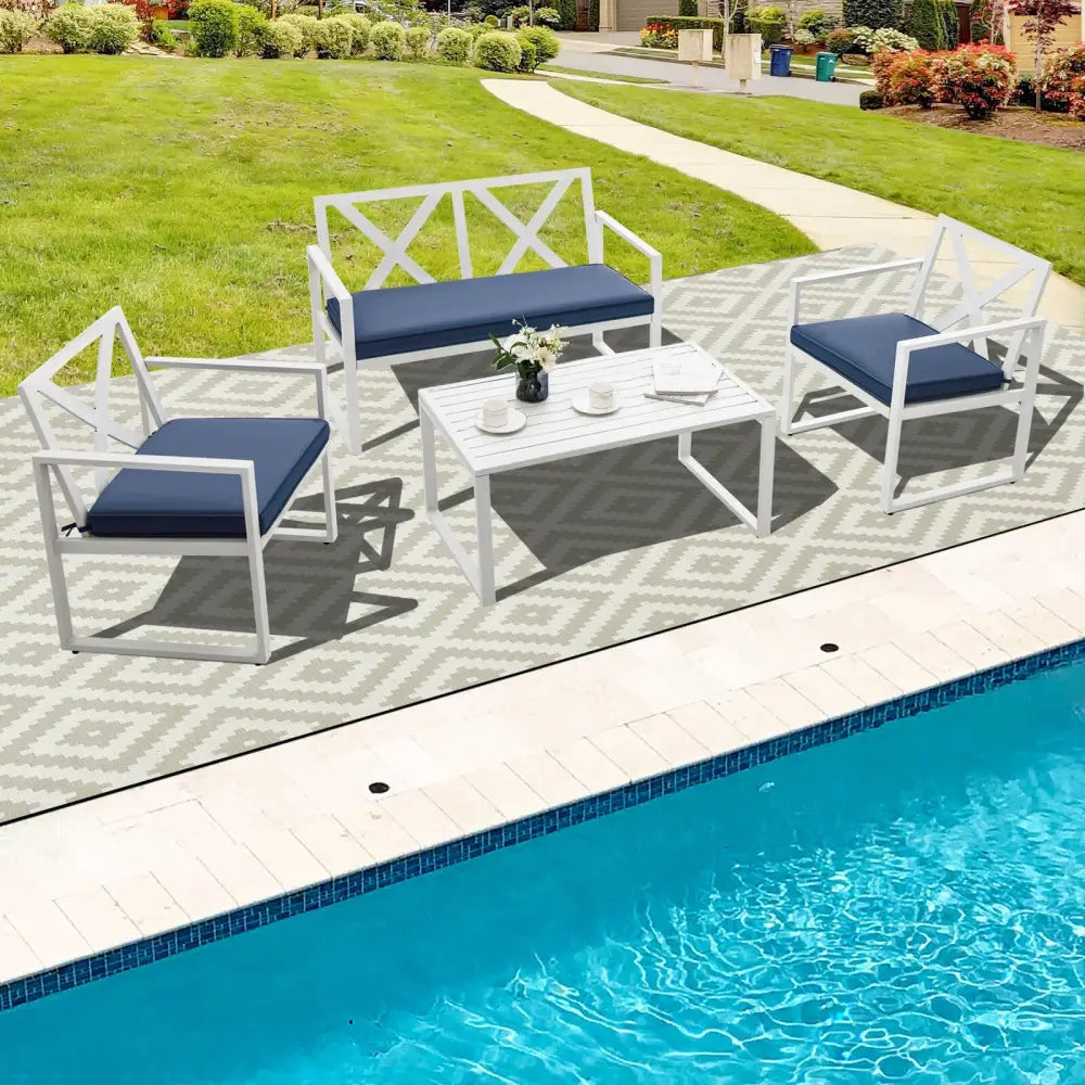 4 Pieces Outdoor Conversation Set with Sturdy Steel Frame - White - Patio Conversation Sets