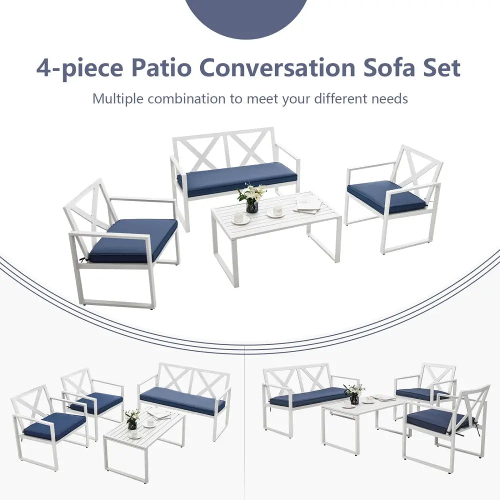 4 Pieces Outdoor Conversation Set with Sturdy Steel Frame - White - Patio Conversation Sets