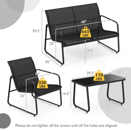 4 Pieces Outdoor Conversation Set with Tempered Glass Coffee Table-Black - Black - Patio Conversation Sets