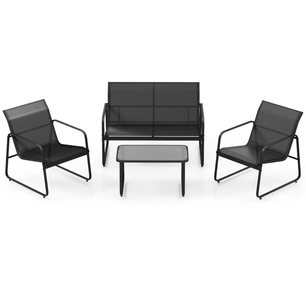 4 Pieces Outdoor Conversation Set with Tempered Glass Coffee Table-Black - Black - Patio Conversation Sets