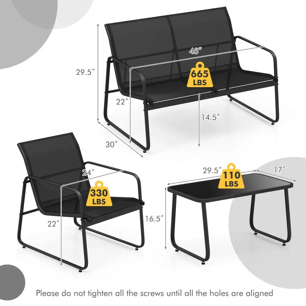 4 Pieces Outdoor Conversation Set with Tempered Glass Coffee Table-Black - Black - Patio Conversation Sets