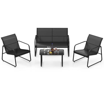 4 Pieces Outdoor Conversation Set with Tempered Glass Coffee Table-Black - Black - Patio Conversation Sets