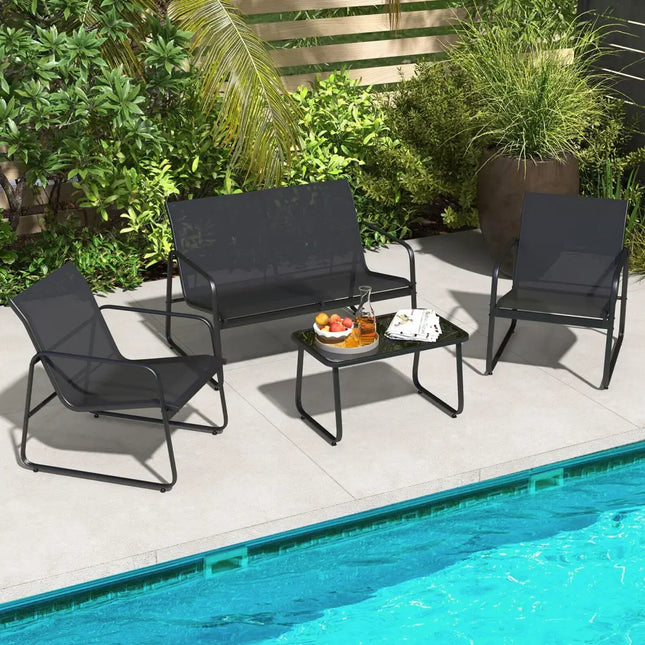 4 Pieces Outdoor Conversation Set with Tempered Glass Coffee Table-Black - Black - Patio Conversation Sets