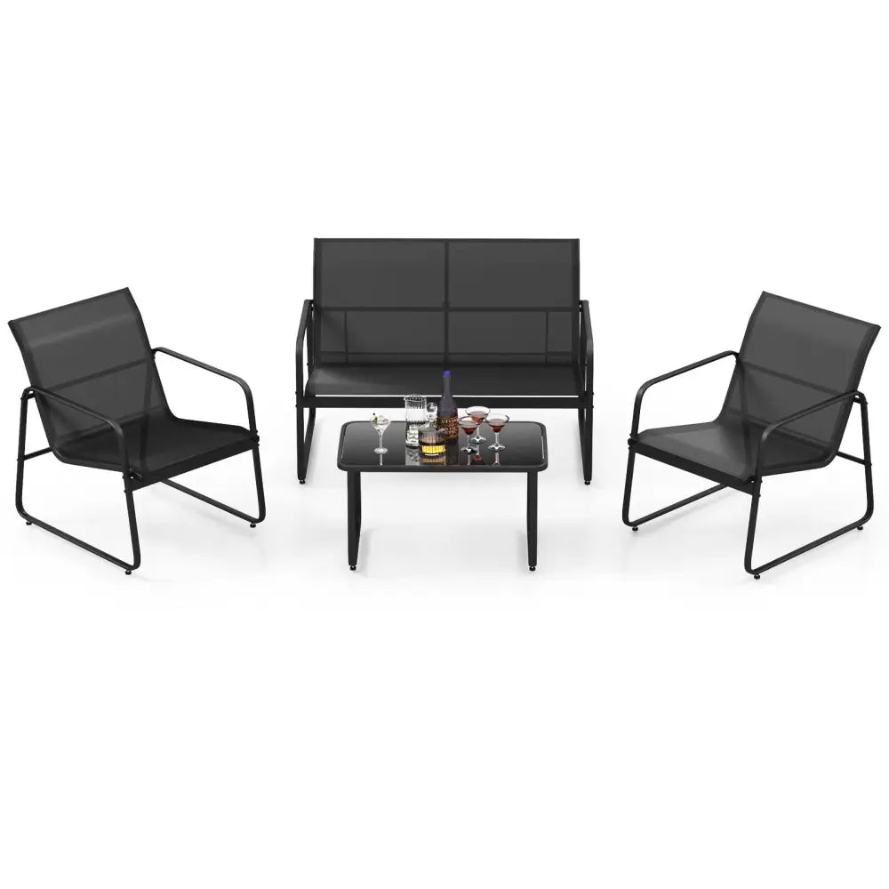 4 Pieces Outdoor Conversation Set with Tempered Glass Coffee Table-Black - Black - Patio Conversation Sets