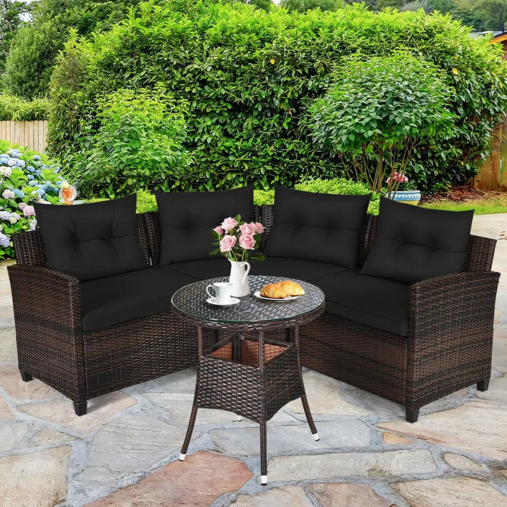 4 Pieces Outdoor Cushioned Rattan Furniture Set-Black - Black - Outdoor Sectionals