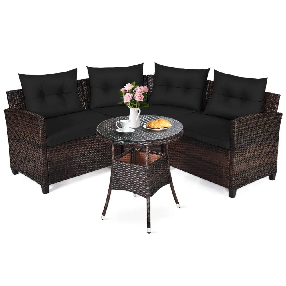 4 Pieces Outdoor Cushioned Rattan Furniture Set-Black - Black - Outdoor Sectionals