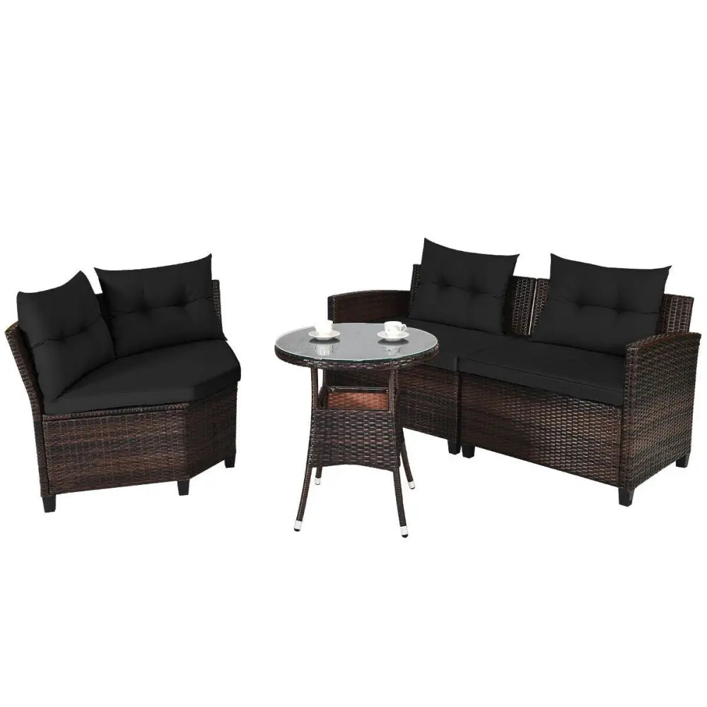 4 Pieces Outdoor Cushioned Rattan Furniture Set-Black - Black - Outdoor Sectionals