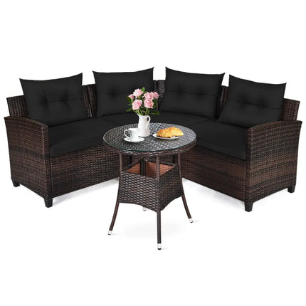 4 Pieces Outdoor Cushioned Rattan Furniture Set-Black - Black - Outdoor Sectionals