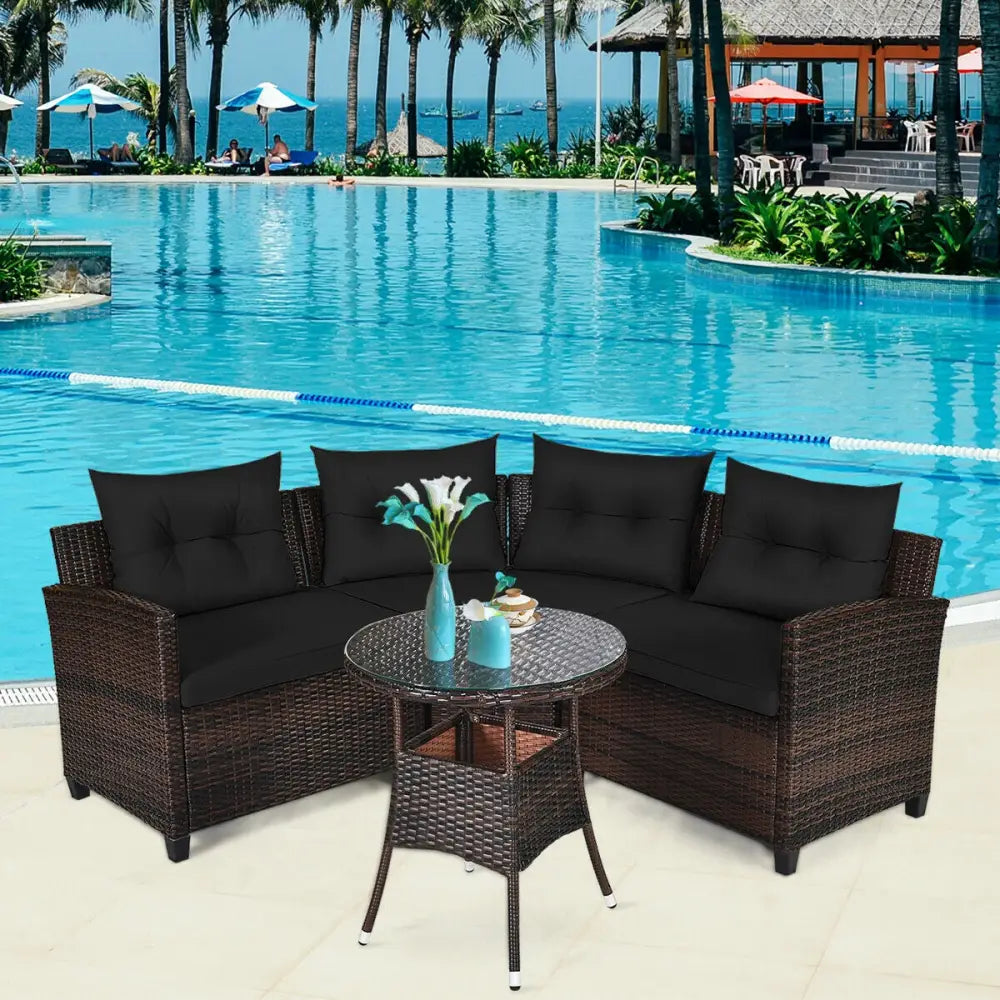 4 Pieces Outdoor Cushioned Rattan Furniture Set-Black - Black - Outdoor Sectionals