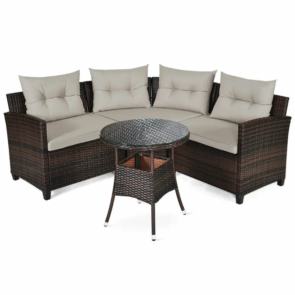 4 Pieces Outdoor Cushioned Rattan Furniture Set-Brown - Brown - Outdoor Sectionals