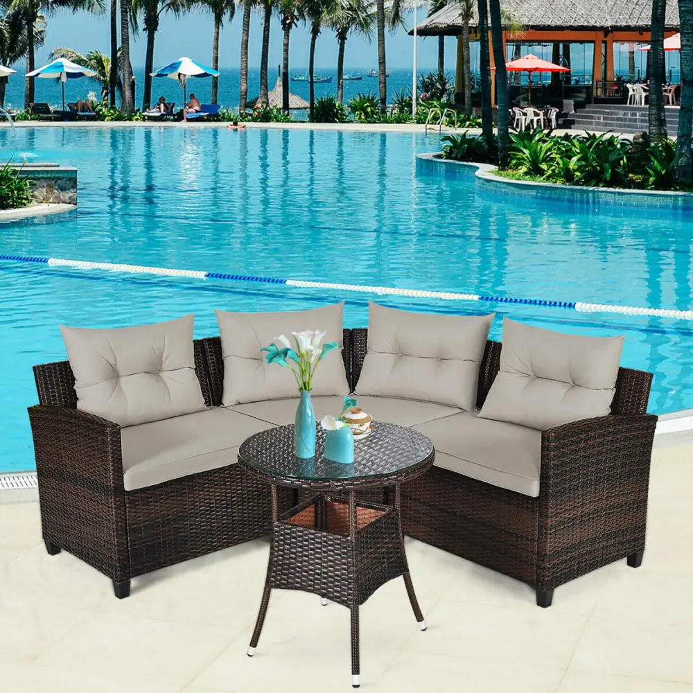 4 Pieces Outdoor Cushioned Rattan Furniture Set-Brown - Brown - Outdoor Sectionals