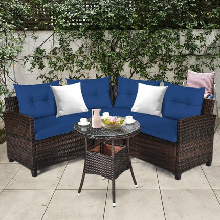 4 Pieces Outdoor Cushioned Rattan Furniture Set-Navy - Navy - Outdoor Sectionals