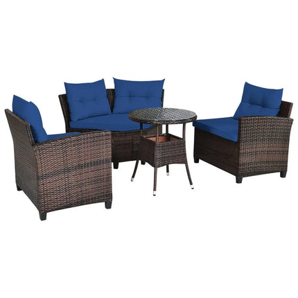 4 Pieces Outdoor Cushioned Rattan Furniture Set-Navy - Navy - Outdoor Sectionals