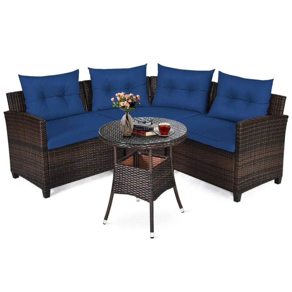 4 Pieces Outdoor Cushioned Rattan Furniture Set-Navy - Navy - Outdoor Sectionals