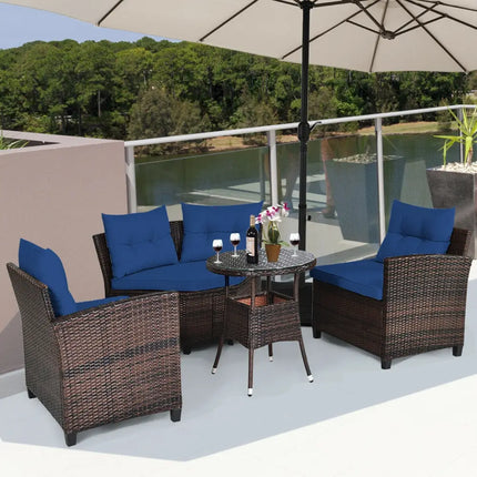 4 Pieces Outdoor Cushioned Rattan Furniture Set-Navy - Navy - Outdoor Sectionals