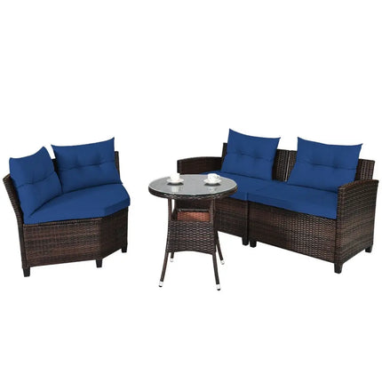 4 Pieces Outdoor Cushioned Rattan Furniture Set-Navy - Navy - Outdoor Sectionals