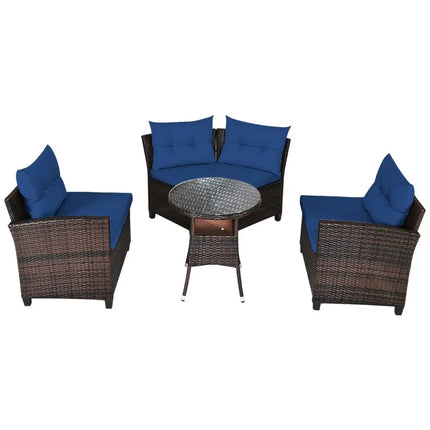 4 Pieces Outdoor Cushioned Rattan Furniture Set-Navy - Navy - Outdoor Sectionals