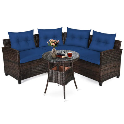 4 Pieces Outdoor Cushioned Rattan Furniture Set-Navy - Navy - Outdoor Sectionals