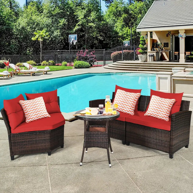 4 Pieces Outdoor Cushioned Rattan Furniture Set-Red - Red - Outdoor Sectionals