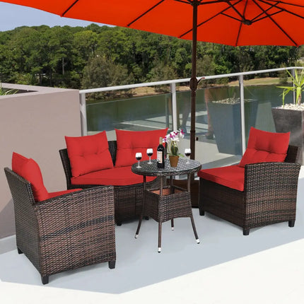 4 Pieces Outdoor Cushioned Rattan Furniture Set-Red - Red - Outdoor Sectionals