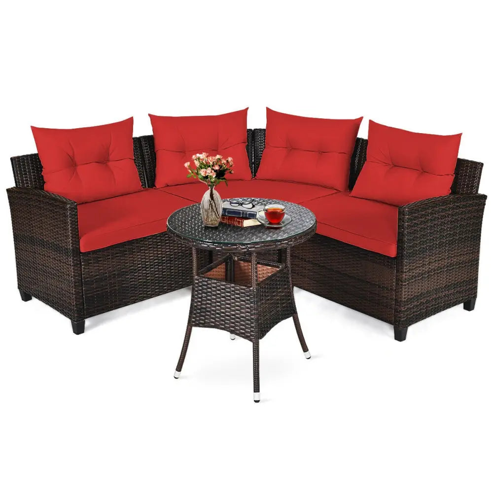 4 Pieces Outdoor Cushioned Rattan Furniture Set-Red - Red - Outdoor Sectionals