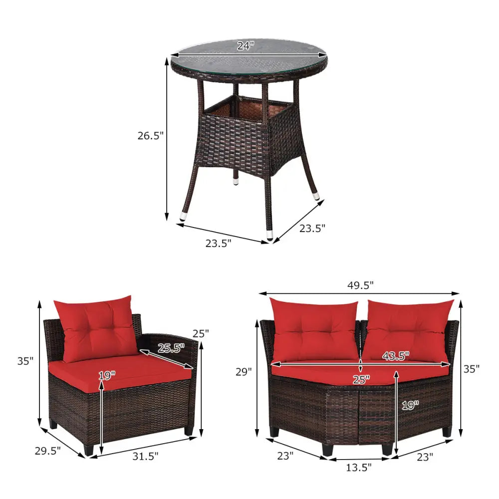 4 Pieces Outdoor Cushioned Rattan Furniture Set-Red - Red - Outdoor Sectionals