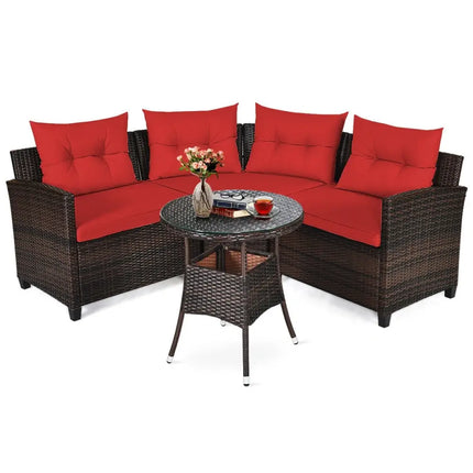 4 Pieces Outdoor Cushioned Rattan Furniture Set-Red - Red - Outdoor Sectionals