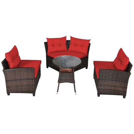 4 Pieces Outdoor Cushioned Rattan Furniture Set-Red - Red - Outdoor Sectionals