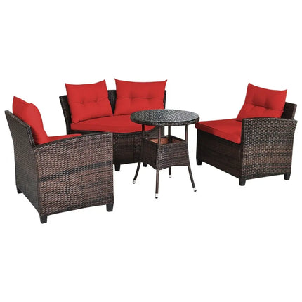 4 Pieces Outdoor Cushioned Rattan Furniture Set-Red - Red - Outdoor Sectionals