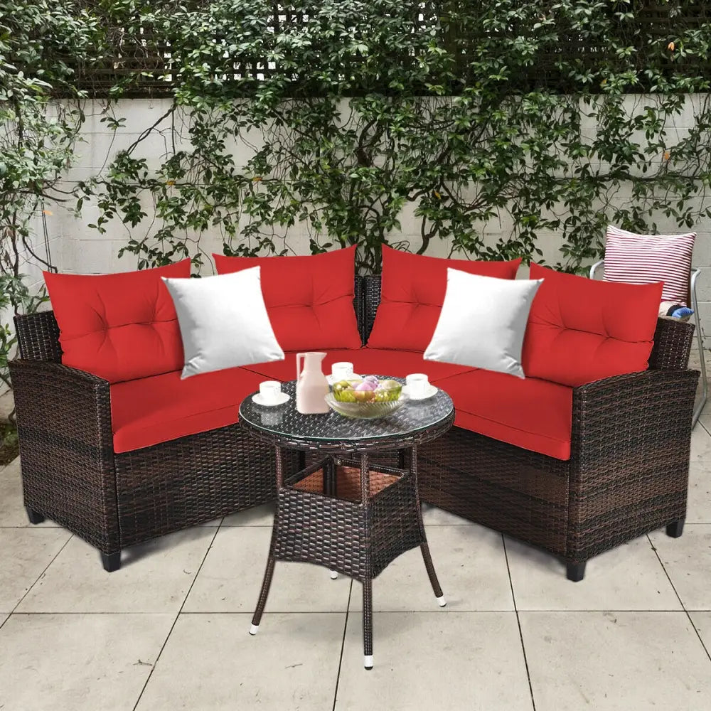 4 Pieces Outdoor Cushioned Rattan Furniture Set-Red - Red - Outdoor Sectionals