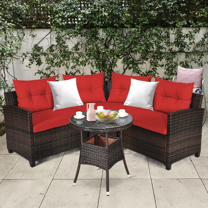 4 Pieces Outdoor Cushioned Rattan Furniture Set-Red - Red - Outdoor Sectionals