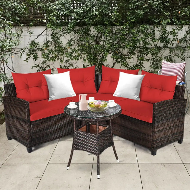 4 Pieces Outdoor Cushioned Rattan Furniture Set-Red - Red - Outdoor Sectionals