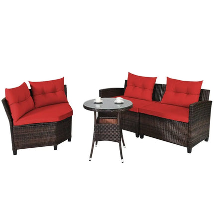 4 Pieces Outdoor Cushioned Rattan Furniture Set-Red - Red - Outdoor Sectionals