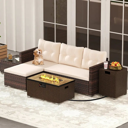 4 Pieces Outdoor Furniture Set with 32 Inch Fire Pit Table and Propane Tank Cover - Patio Conversation Sets