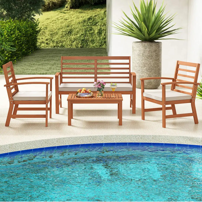 4 Pieces Outdoor Furniture Set with Stable Acacia Wood Frame-Beige - Beige - Patio Conversation Sets