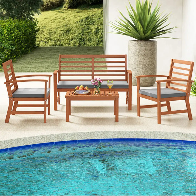 4 Pieces Outdoor Furniture Set with Stable Acacia Wood Frame-Gray - Gray - Patio Conversation Sets