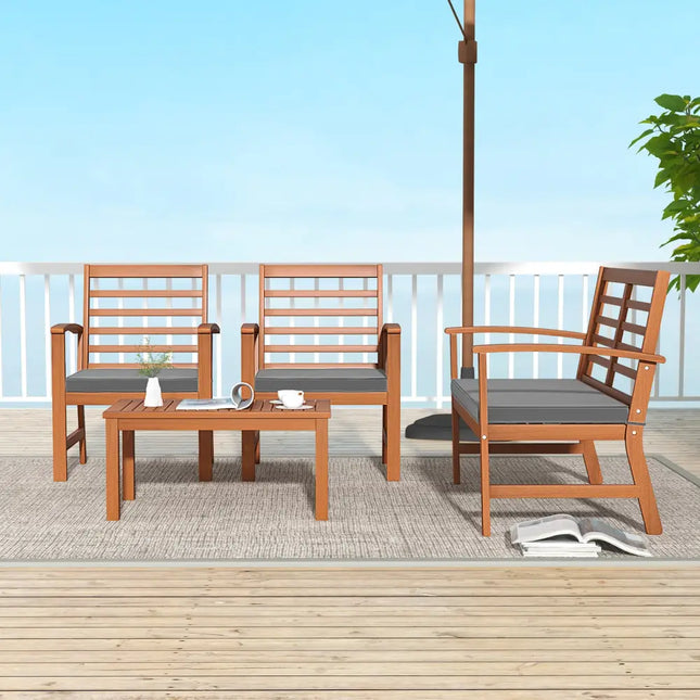 4 Pieces Outdoor Furniture Set with Stable Acacia Wood Frame-Gray - Gray - Patio Conversation Sets