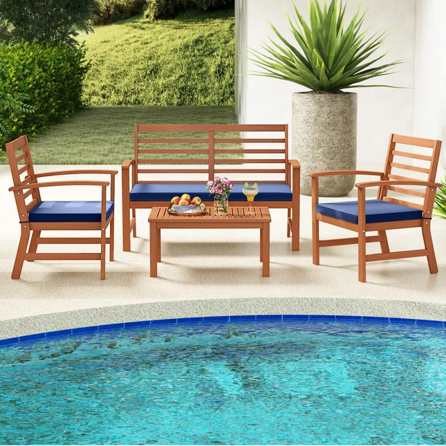 4 Pieces Outdoor Furniture Set with Stable Acacia Wood Frame-Navy - Navy - Patio Conversation Sets