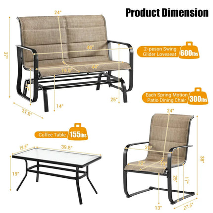 4 Pieces Outdoor Patio Furniture Set with Padded Glider Loveseat and Coffee Table-Brown - Brown - Patio Conversation