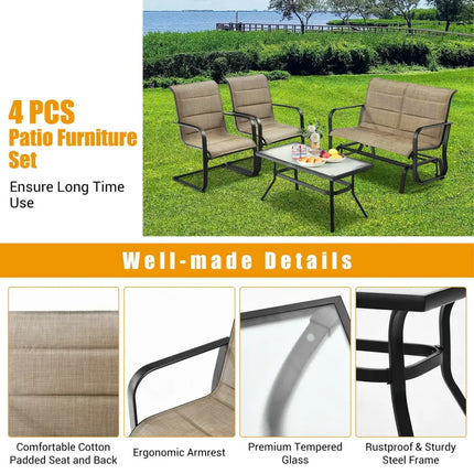 4 Pieces Outdoor Patio Furniture Set with Padded Glider Loveseat and Coffee Table-Brown - Brown - Patio Conversation