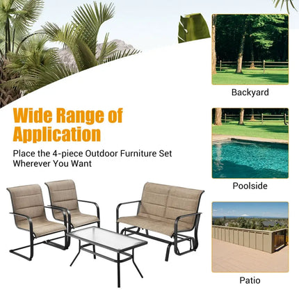 4 Pieces Outdoor Patio Furniture Set with Padded Glider Loveseat and Coffee Table-Brown - Brown - Patio Conversation