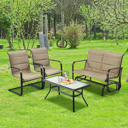 4 Pieces Outdoor Patio Furniture Set with Padded Glider Loveseat and Coffee Table-Brown - Brown - Patio Conversation