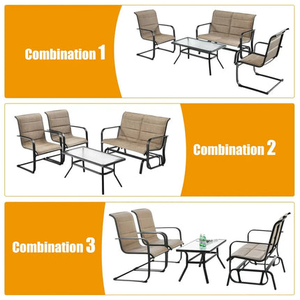 4 Pieces Outdoor Patio Furniture Set with Padded Glider Loveseat and Coffee Table-Brown - Brown - Patio Conversation