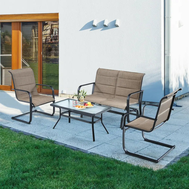 4 Pieces Outdoor Patio Furniture Set with Padded Glider Loveseat and Coffee Table-Brown - Brown - Patio Conversation