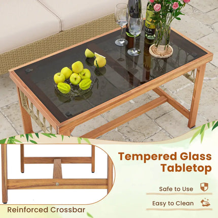 4 Pieces Outdoor Patio PE Wicker Conversation Bistro Set with Acacia Wood Frame-Brown - Brown - Patio Conversation Sets
