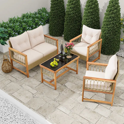 4 Pieces Outdoor Patio PE Wicker Conversation Bistro Set with Acacia Wood Frame-Brown - Brown - Patio Conversation Sets