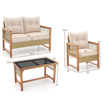 4 Pieces Outdoor Patio PE Wicker Conversation Bistro Set with Acacia Wood Frame-Brown - Brown - Patio Conversation Sets