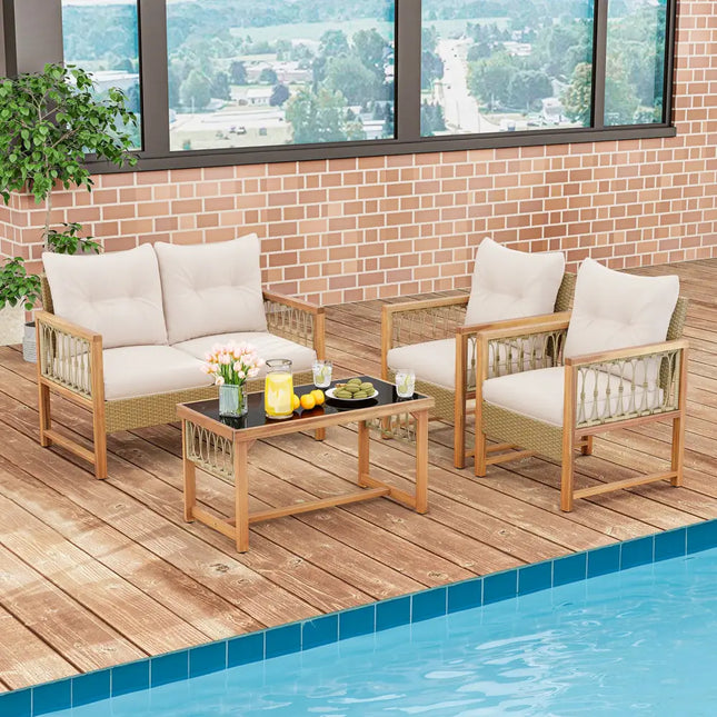 4 Pieces Outdoor Patio PE Wicker Conversation Bistro Set with Acacia Wood Frame-Brown - Brown - Patio Conversation Sets